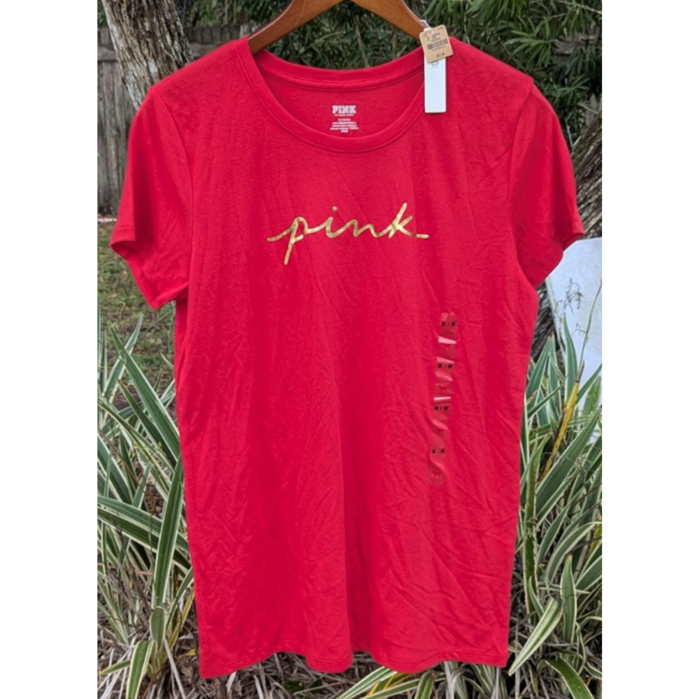Pink Victoria Secret Shirt Women M Red Everyday Crew Neck Short Sleeve